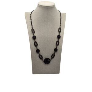 Vintage Black Glass Art Deco Necklace Antique Metal Filigree Floral Drop